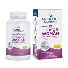 Nordic Naturals Omega Woman lemon bottle showcases bright flavor and skin-supporting omega-3 benefits.