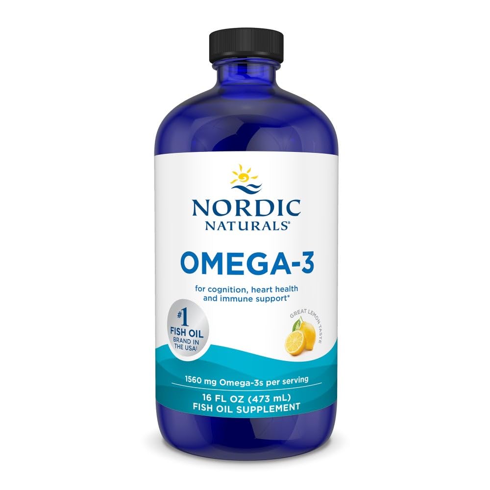 Nordic Naturals Omega-3 lemon bottle pour supports daily omega-3 intake for heart and brain health.