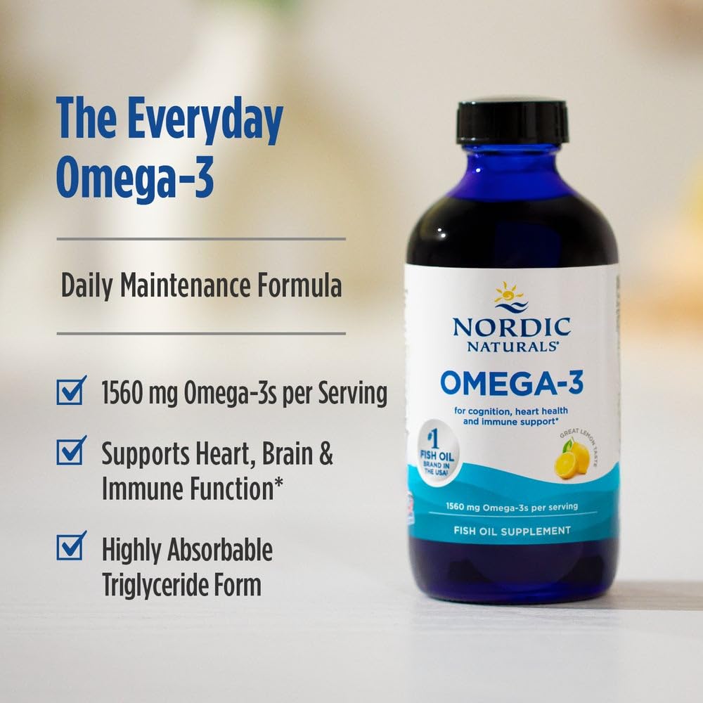 Nordic Naturals Omega-3 lemon glass bottle shot conveys freshness and a long 96-serving supply.