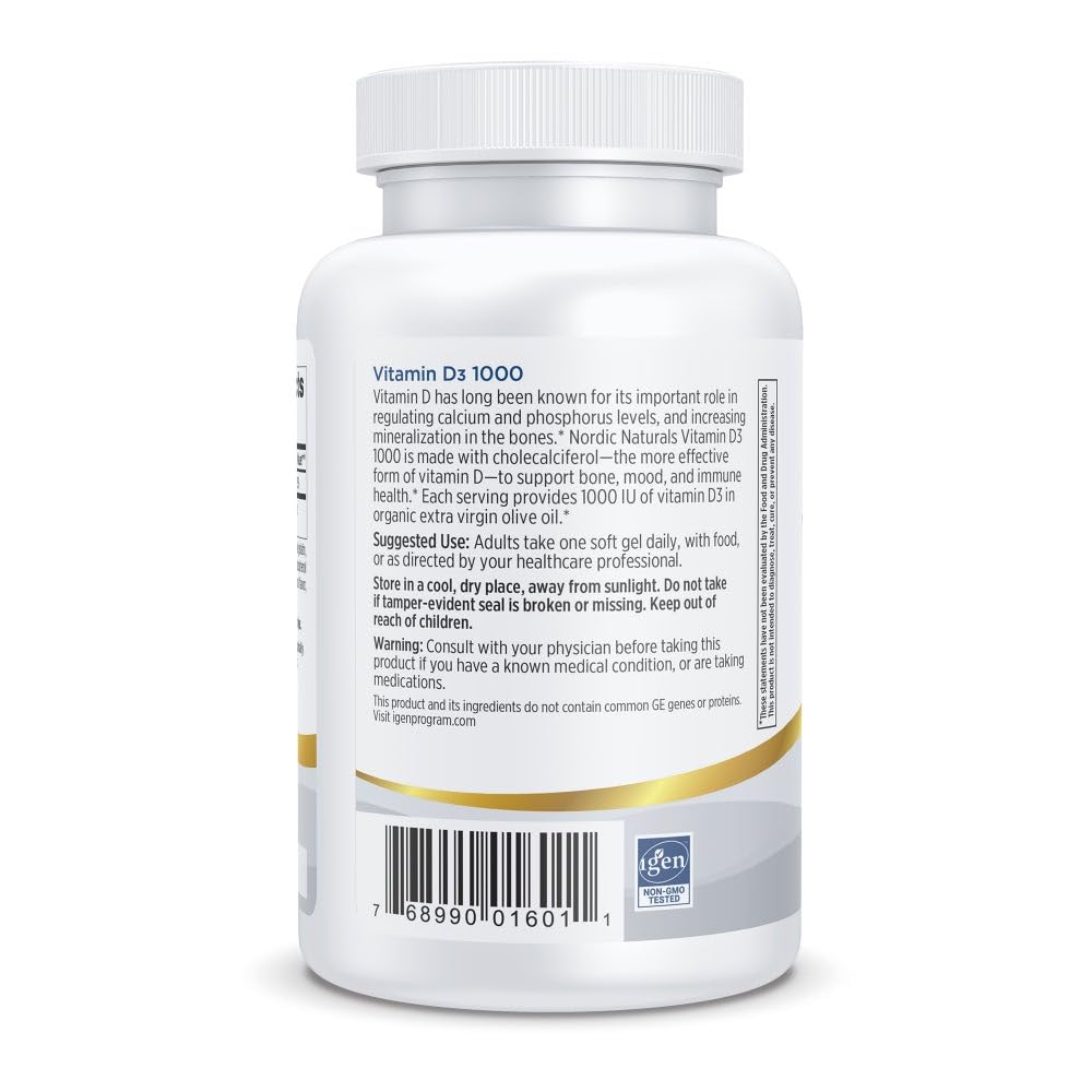Nordic Naturals Pro Vitamin D3 1000 label detail emphasizing purity and non-GMO formula.