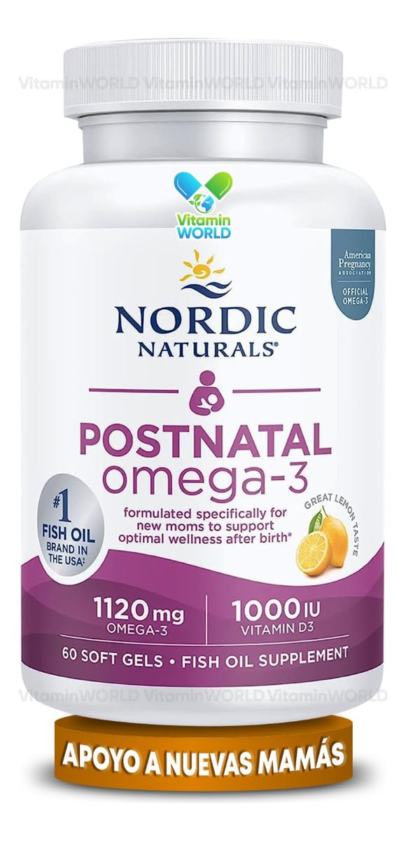 Nordic Naturals Postnatal Omega-3 lemon label detail showing DHA, EPA, and D3.