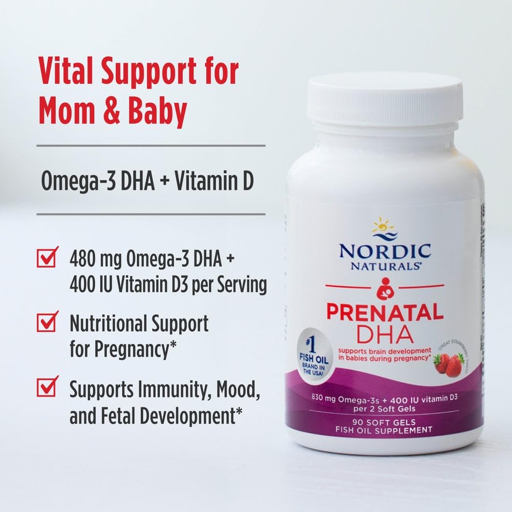 Nordic Naturals Prenatal DHA bottle hints at pregnancy health benefits.