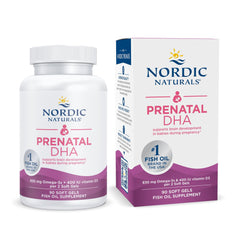 Nordic Naturals Prenatal DHA bottle on counter; potential support for fetal brain development during pregnancy.