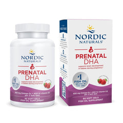 Nordic Naturals Prenatal DHA strawberry bottle with soft gels for easy daily intake