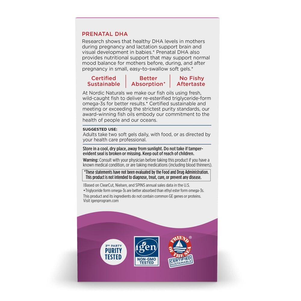 Nordic Naturals Prenatal DHA strawberry label highlights non-GMO ingredients and transparency.