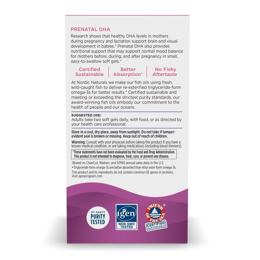 Nordic Naturals Prenatal DHA label; non-GMO, gluten- and dairy-free purity.