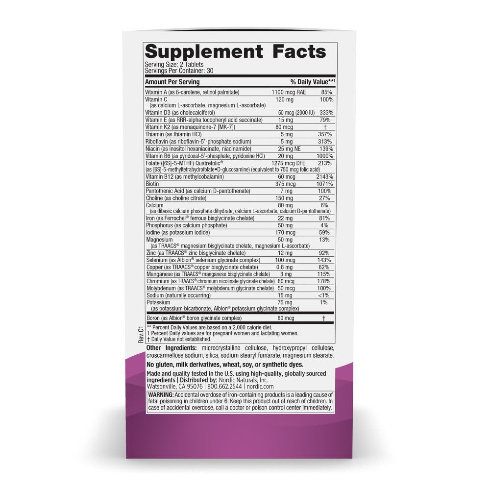 Nordic Naturals Prenatal Multivitamin label shows 22 essential nutrients
