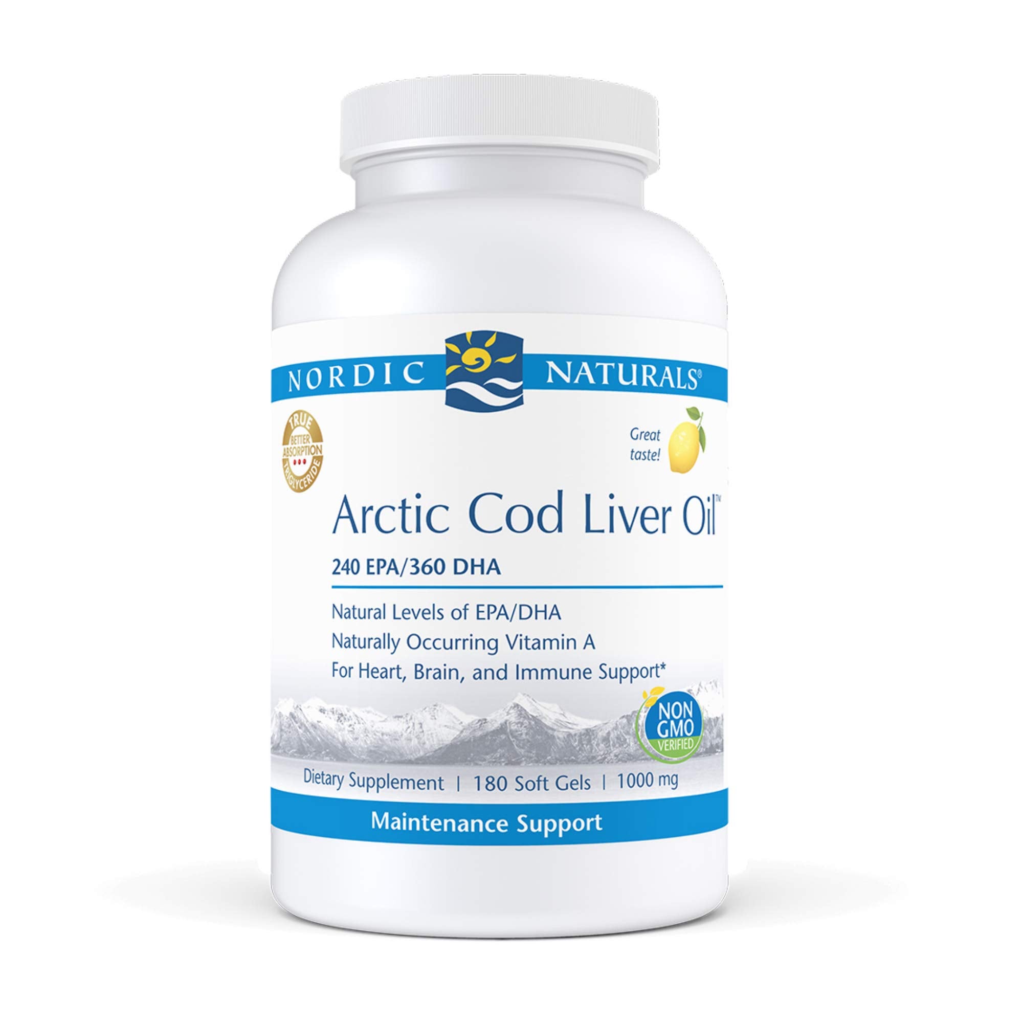 Nordic Naturals Pro Arctic Cod Liver Oil lemon bottle for daily heart and brain support
