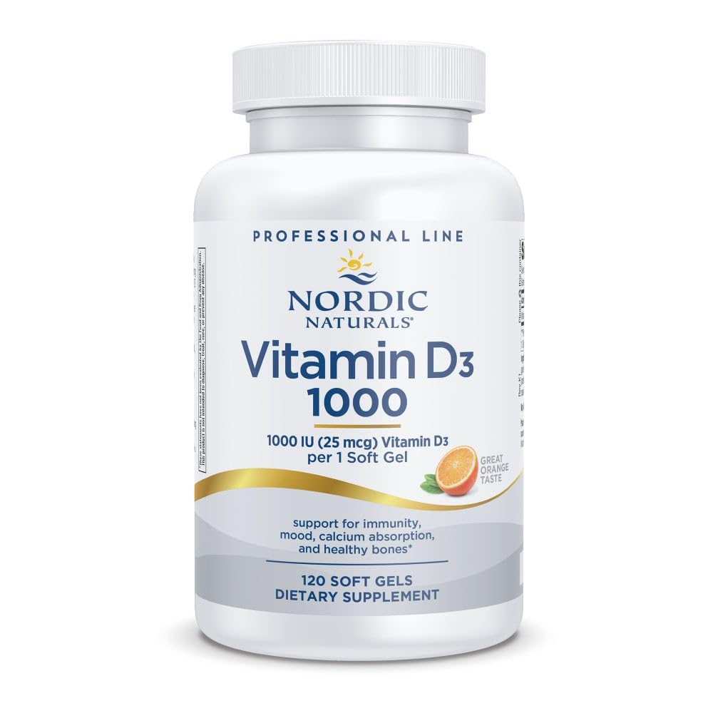 Nordic Naturals Pro Vitamin D3 1000 orange bottle for daily bone and immune support.