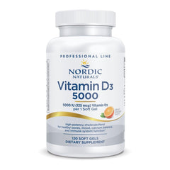 Nordic Naturals Pro Vitamin D3 5000 orange bottle front promotes bone health and daily immunity.