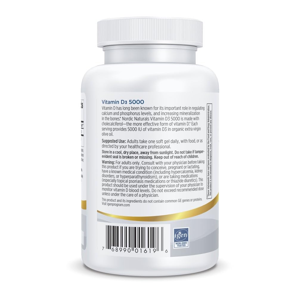 Nordic Naturals Pro Vitamin D3 5000 label details highlight non-GMO and allergen-free.