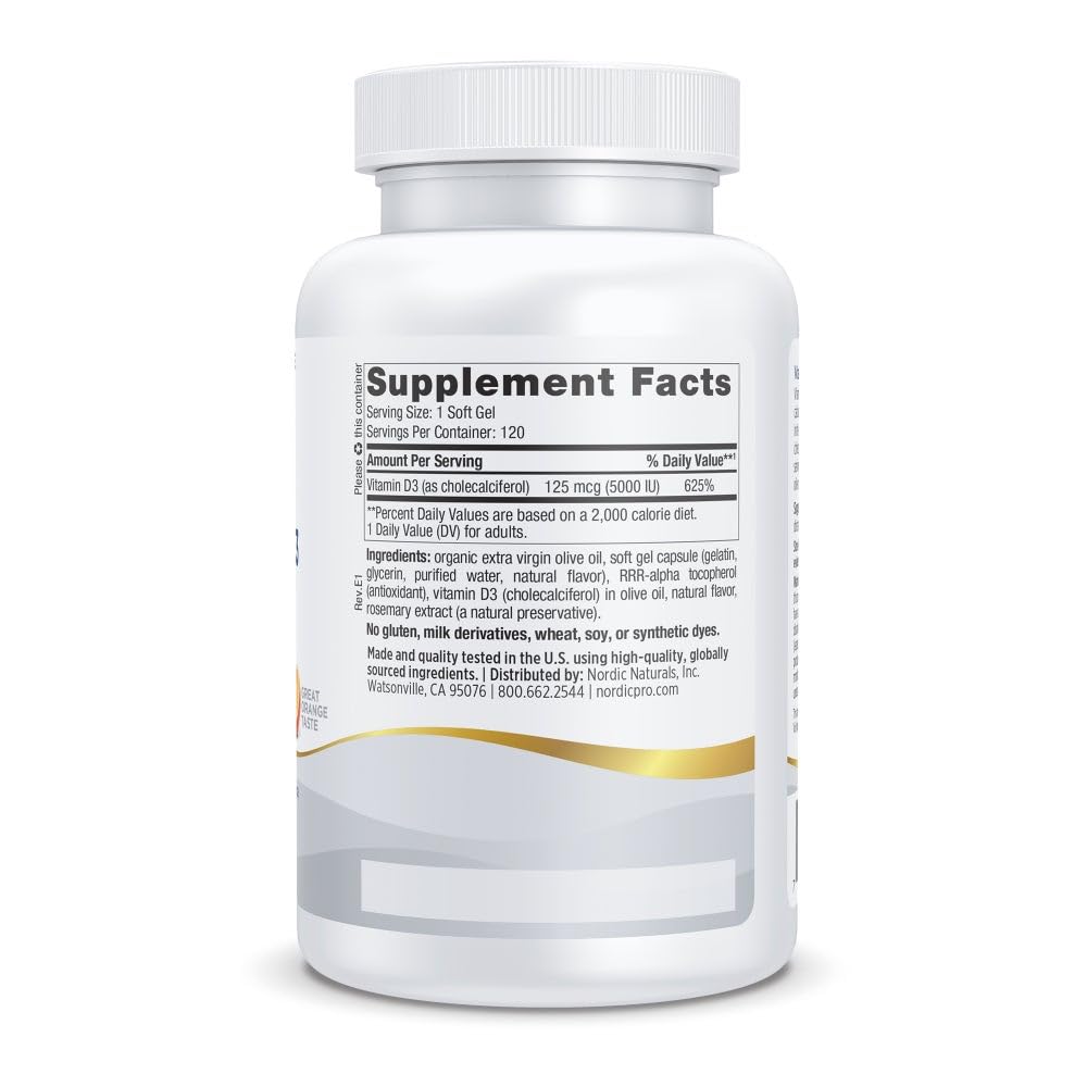 Nordic Naturals Pro Vitamin D3 5000 orange soft gels close-up shows easy-to-swallow supplement.