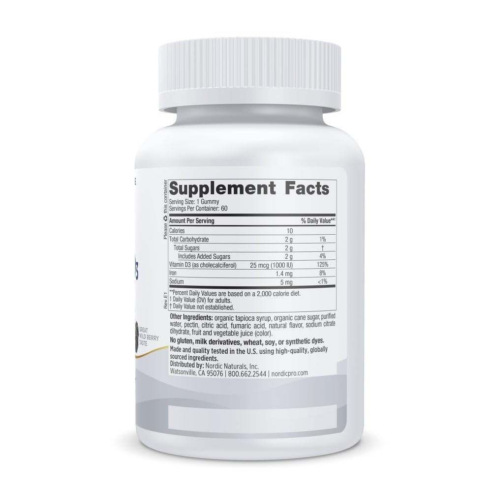 Nordic Naturals Pro Vitamin D3 Gummies wild berry gummies on shelf for convenient, tasty supplementation.