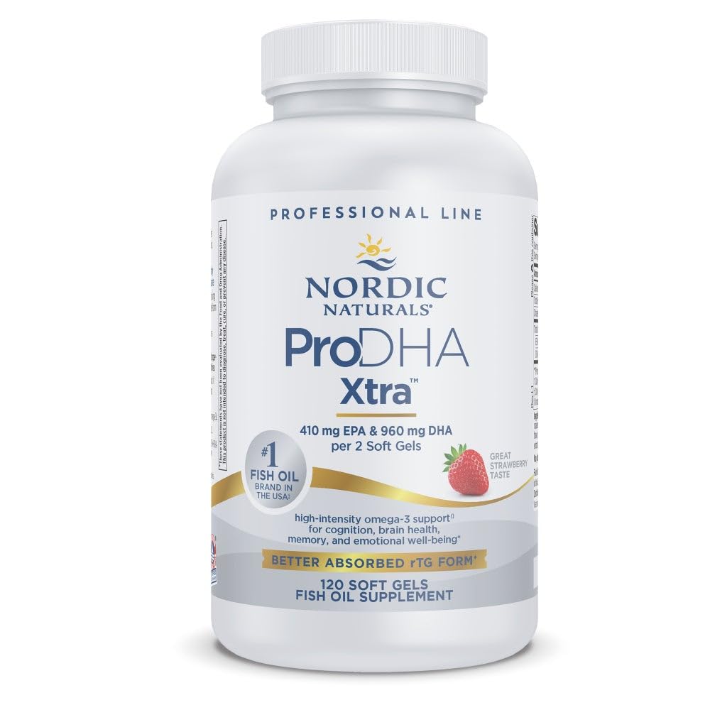 Nordic Naturals ProDHA 1000 Strawberry bottle shows high-DHA per serving for brain and eye support