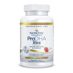Nordic Naturals ProDHA Xtra strawberry soft gels in a bottle for daily brain health support.