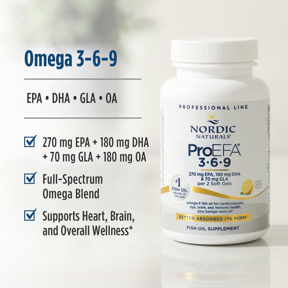 Nordic Naturals ProEFA bottle beside healthy snacks for daily routine