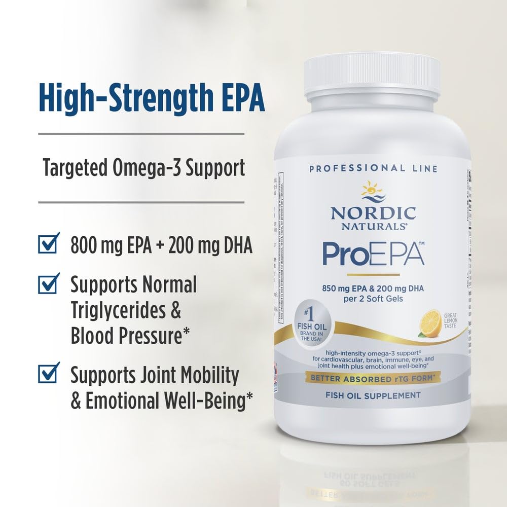 Nordic Naturals ProEPA Lemon softgels ingredients board highlights EPA-DHA ratio.
