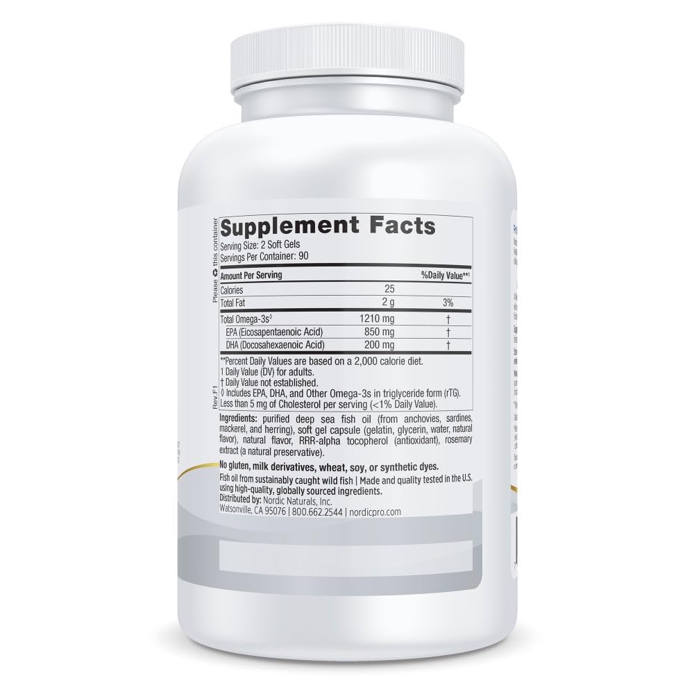 Nordic Naturals ProEPA Lemon softgels label highlights purity and non-GMO claims.