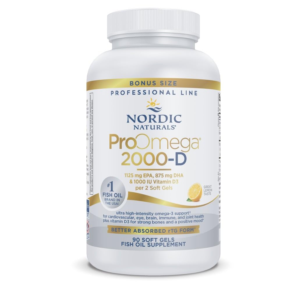 Nordic Naturals ProOmega 2000-D lemon bottle on kitchen counter for daily omega-3 support.