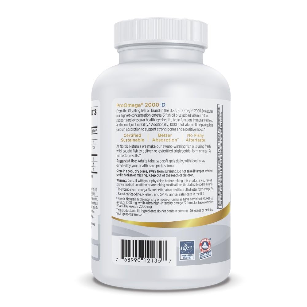 Nordic Naturals ProOmega 2000-D lemon softgels dispensed from bottle for convenient dosing