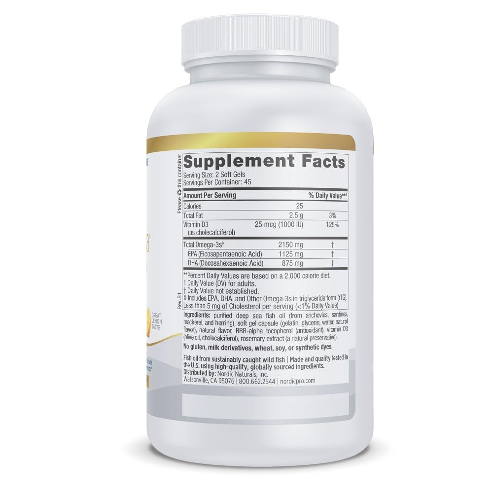 Nordic Naturals ProOmega 2000-D lemon soft gels close-up for heart and brain support.