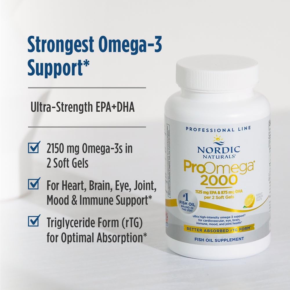 Nordic Naturals ProOmega 2000 lemon daily-use setup shows two soft gels per serving.