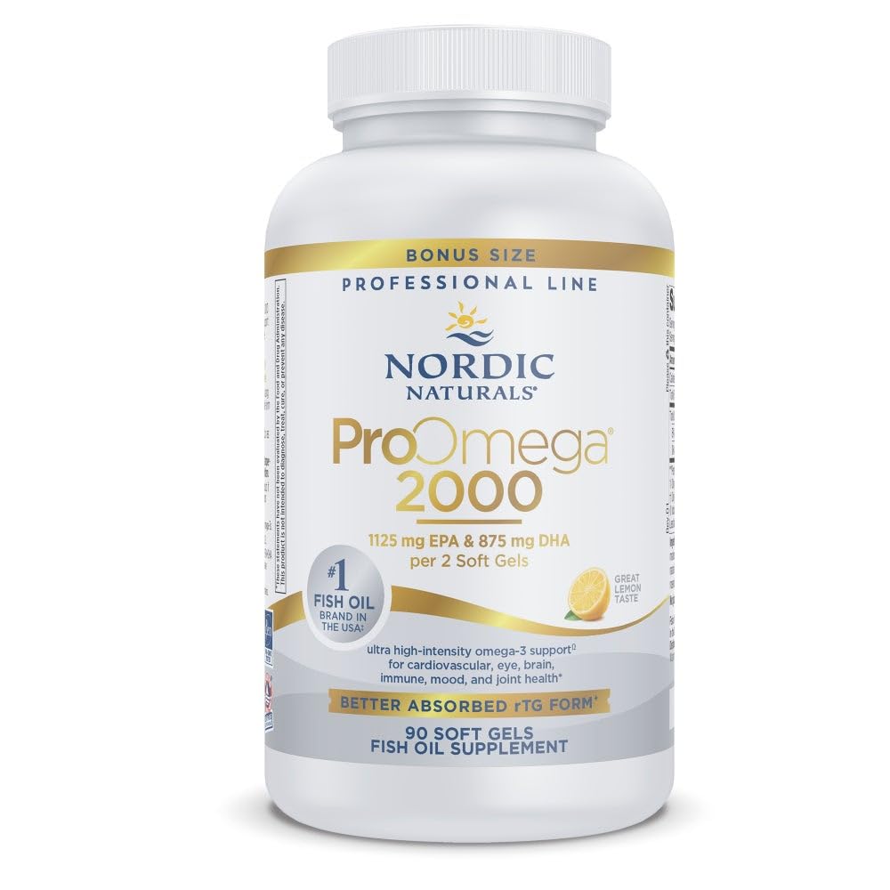 Nordic Naturals ProOmega 2000 lemon softgels bottle supports heart and brain health.