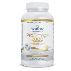 Nordic Naturals ProOmega 2000 lemon softgels bottle supports heart and brain health.
