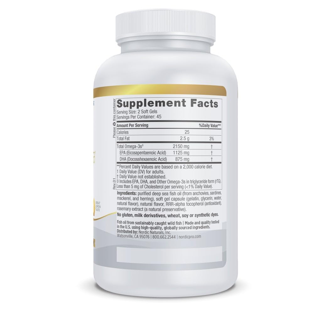 Nordic Naturals ProOmega 2000 lemon softgels pour, easy daily intake with minimal aftertaste.