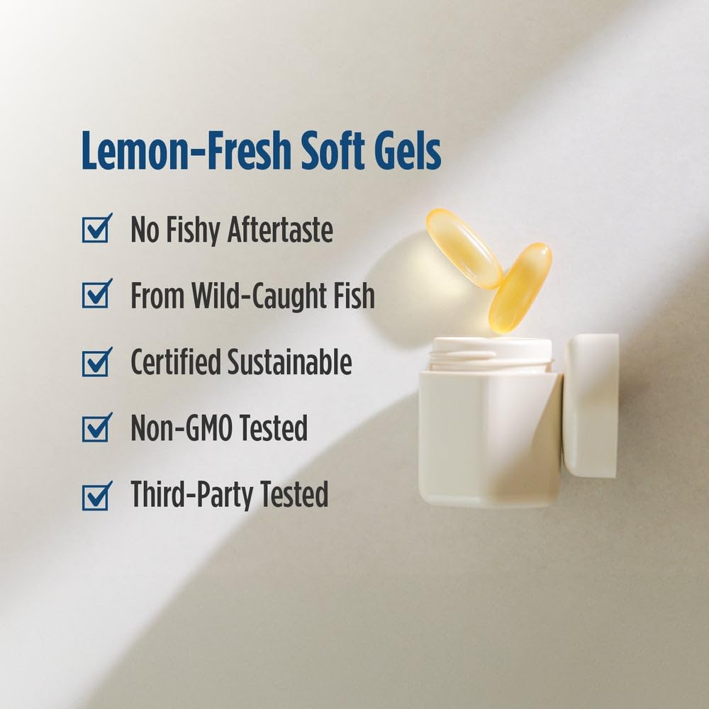 Nordic Naturals ProOmega lemon flavor beside water for quick, everyday intake.