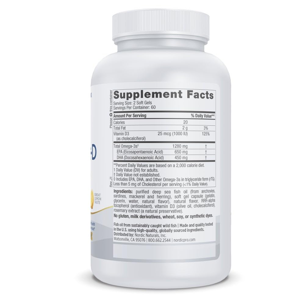 Nordic Naturals ProOmega-D Lemon bottle label details emphasizing purity and non-GMO