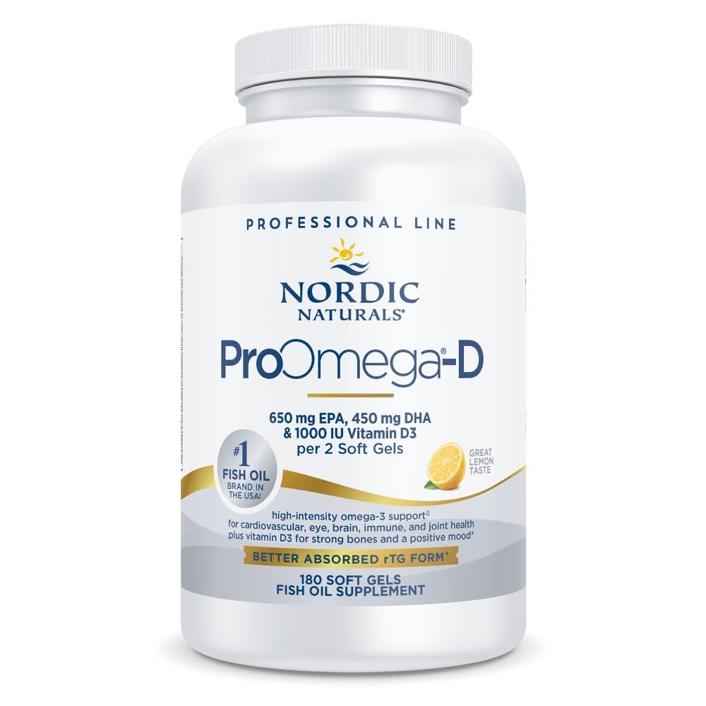 Nordic Naturals ProOmega-D lemon bottle shows high-potency omega-3 with D3 for daily wellness.