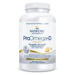Nordic Naturals ProOmega-D lemon bottle shows high-potency omega-3 with D3 for daily wellness.