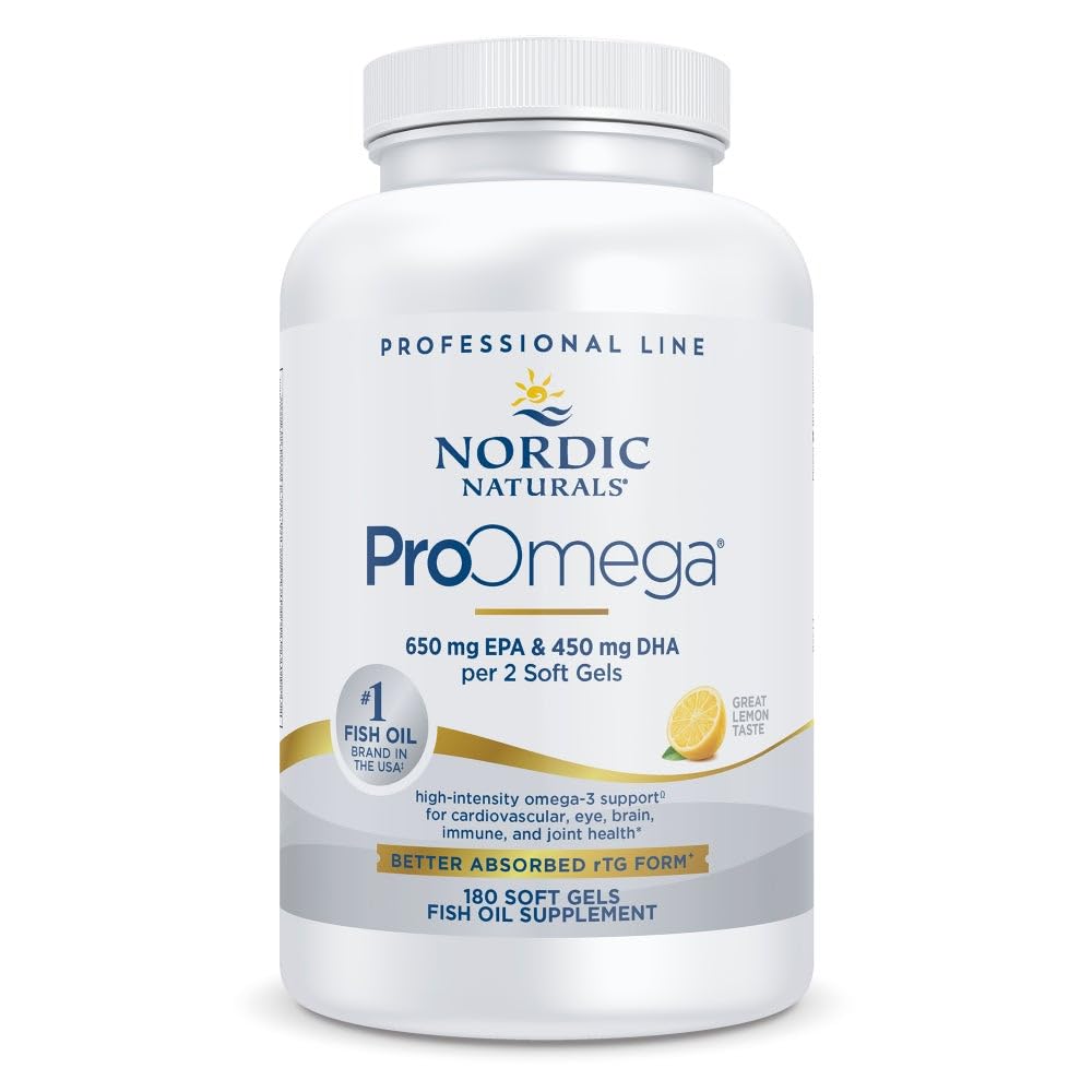 Nordic Naturals ProOmega lemon bottle with soft gels for easy daily omega-3 support.