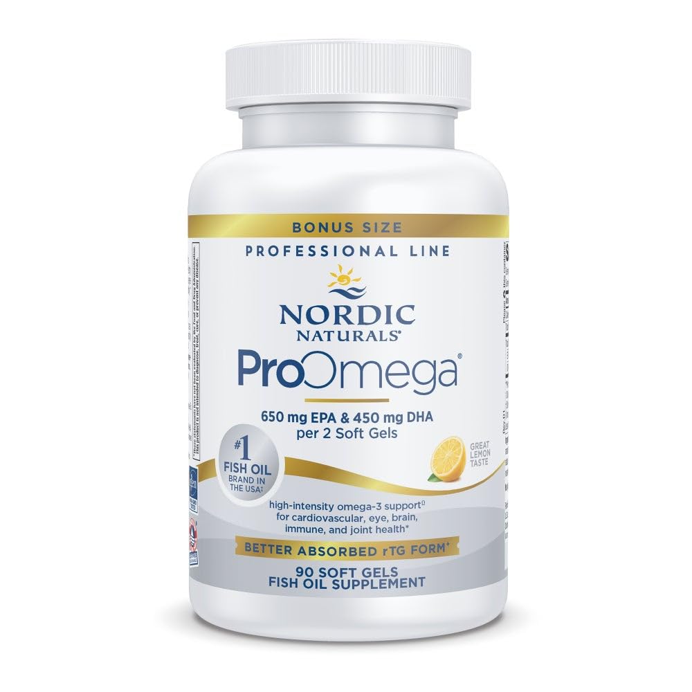 Nordic Naturals ProOmega lemon-flavored softgels bottle, potential support for heart and brain health.