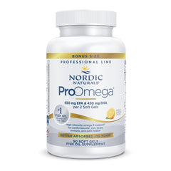 Nordic Naturals ProOmega lemon-flavored softgels bottle, potential support for heart and brain health.