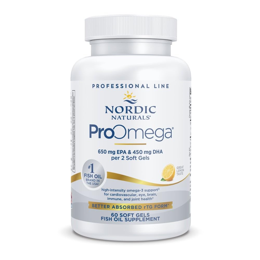 Nordic Naturals ProOmega lemon soft gels bottle on countertop for easy omega-3 support