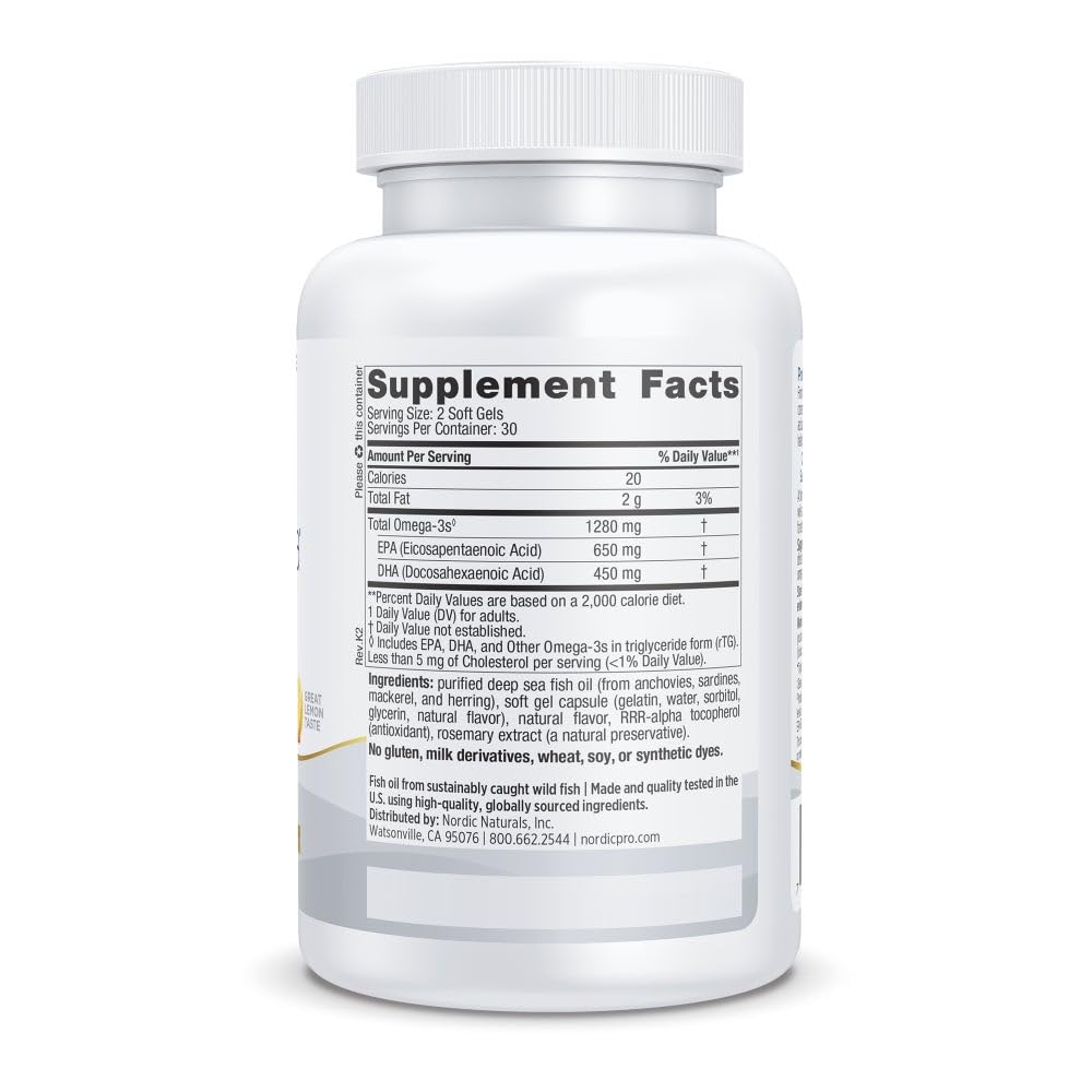 Nordic Naturals ProOmega lemon soft gels label close-up highlighting EPA and DHA content
