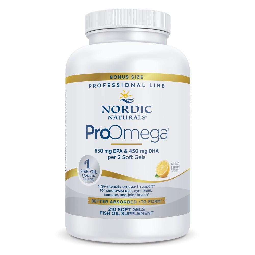 Nordic Naturals ProOmega Lemon softgel bottle highlighting high-potency omega-3 EPA and DHA
