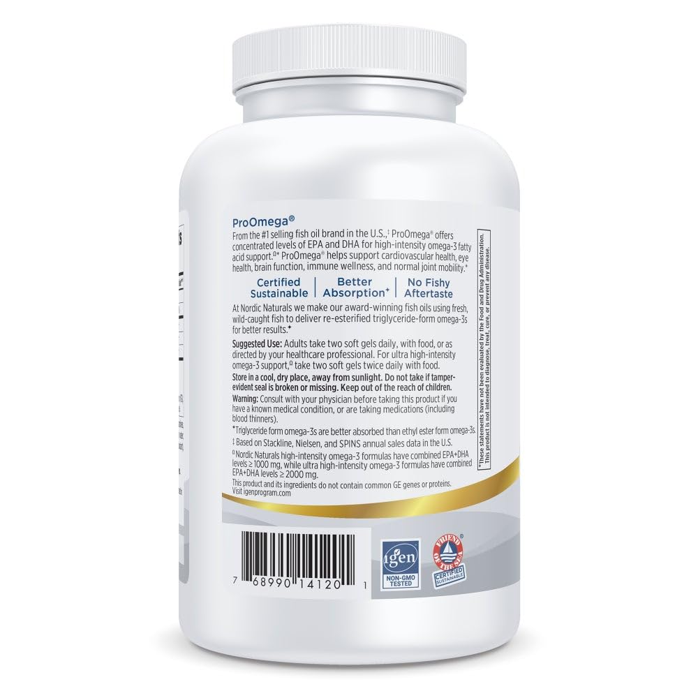 Nordic Naturals ProOmega bottle label detail emphasizes purity and non-GMO ingredients.
