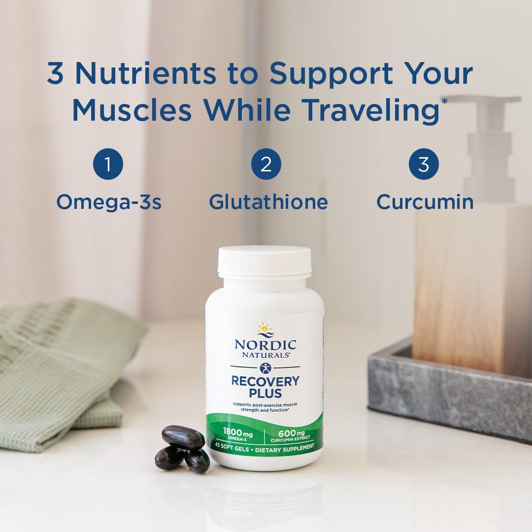 Nordic Naturals Recovery Plus ingredient panel showing clean, non-GMO, gluten- and dairy-free standards.