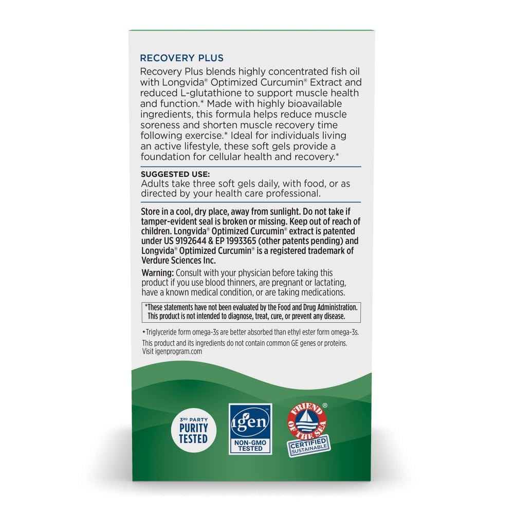 Nordic Naturals Recovery Plus label close-up displaying omega-3 and curcumin content.