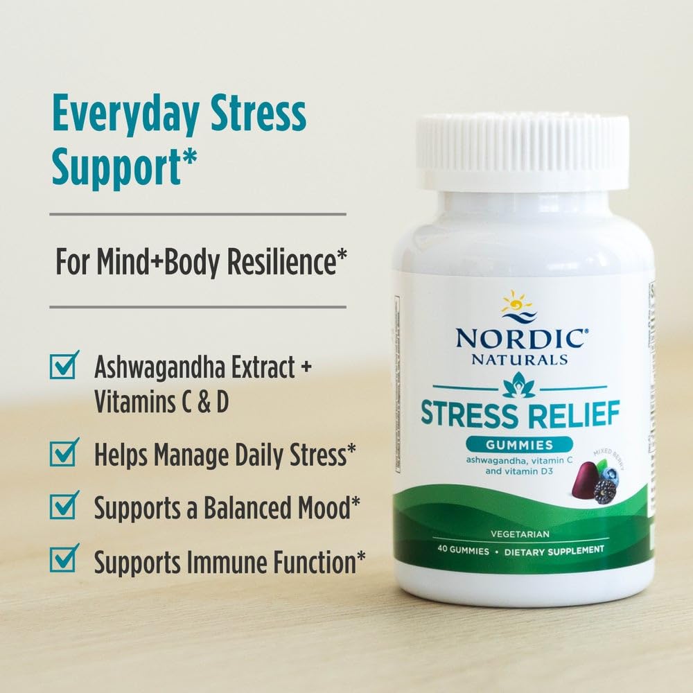 Nordic Naturals Stress Relief Gummies vitamin C and D3 on label.