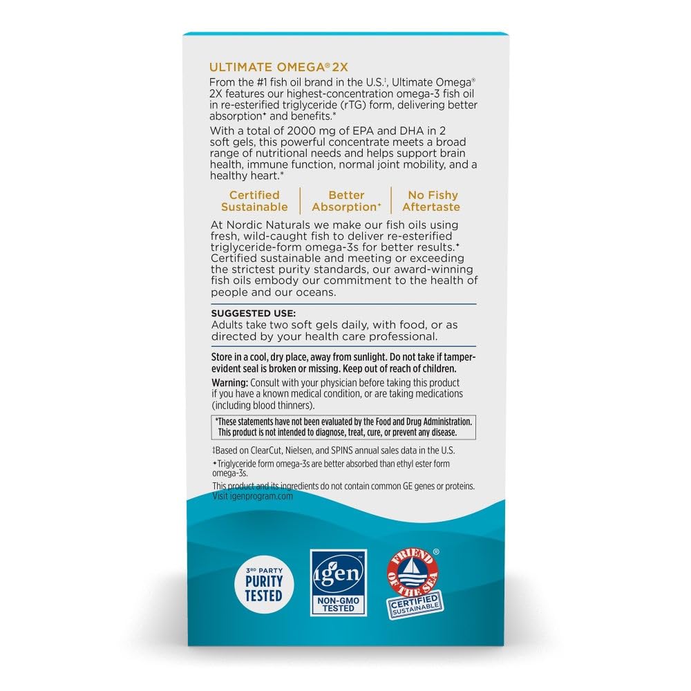 Nordic Naturals Ultimate Omega 2X bottle pour demonstrates convenient daily dosing.