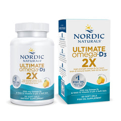 Nordic Naturals Ultimate Omega 2X bottle with lemon flavor supports daily heart and brain wellness.