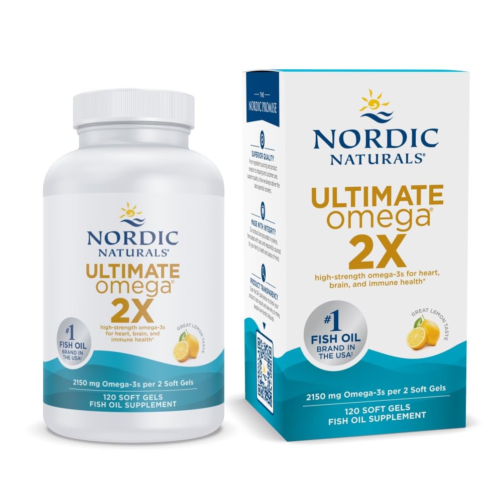 Nordic Naturals Ultimate Omega 2X lemon bottle front highlights high-potency omega-3 for daily support.