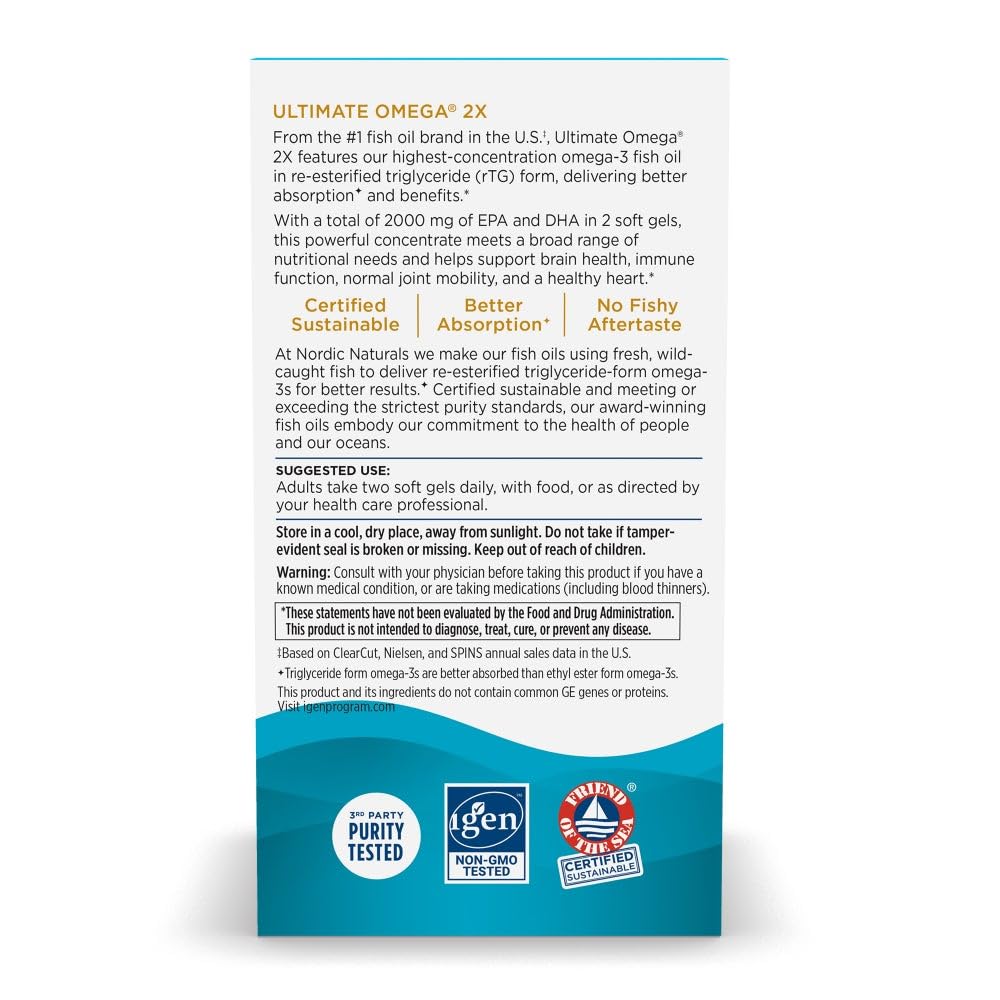 Nordic Naturals Ultimate Omega 2X lemon label highlights purity and non-GMO ingredients