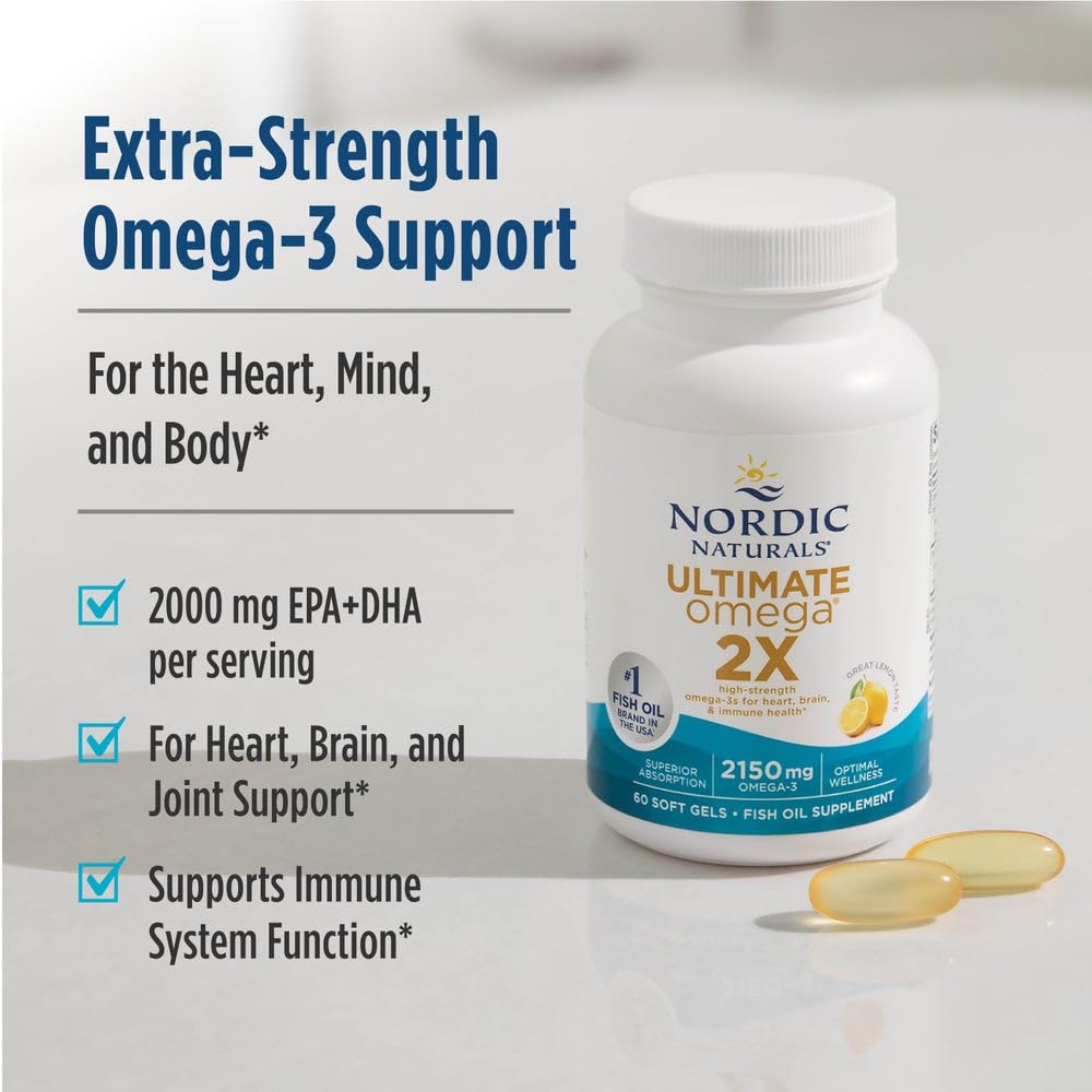 Nordic Naturals Ultimate Omega 2X lemon slice beside bottle for flavor cue