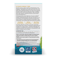 Nordic Naturals Ultimate Omega 2x Teen bottle label emphasizes purity and non-GMO formula.