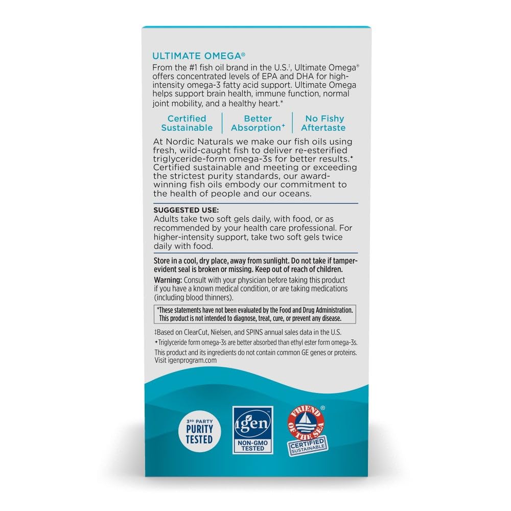 Close-up of Nordic Naturals Ultimate Omega bottle label highlighting purity and non-GMO ingredients.